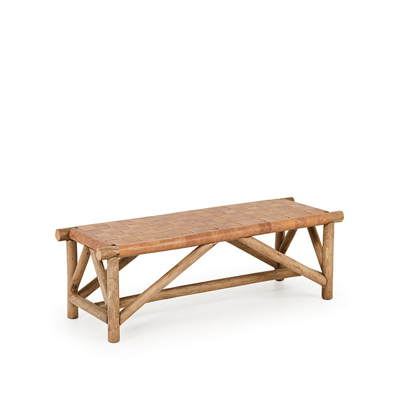 Rustic Woven Leather Bench #1147 shown in Pecan Premium Finish (on Peeled Bark)
